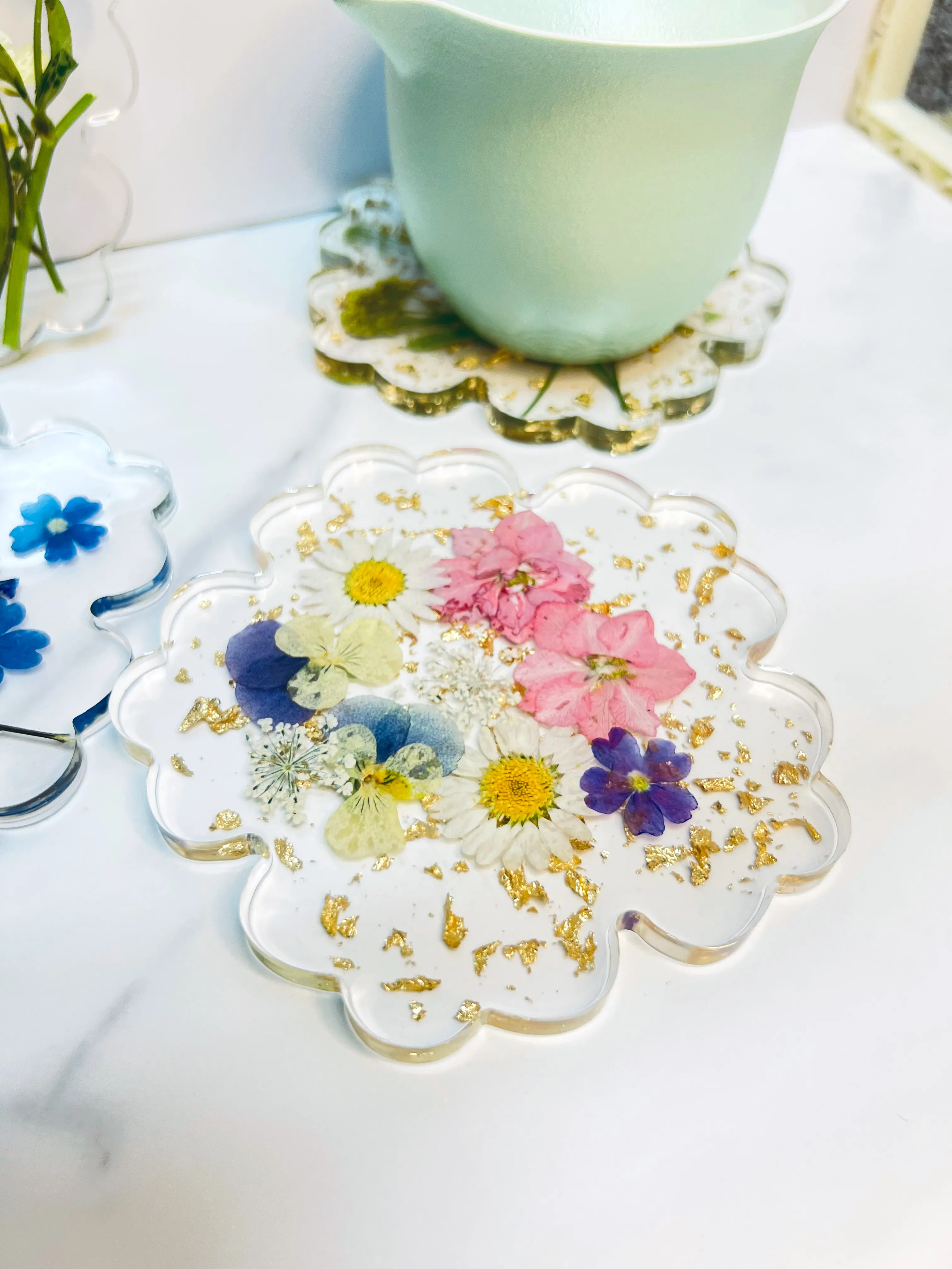 Pink Blue Floral Gold Flake Coasters