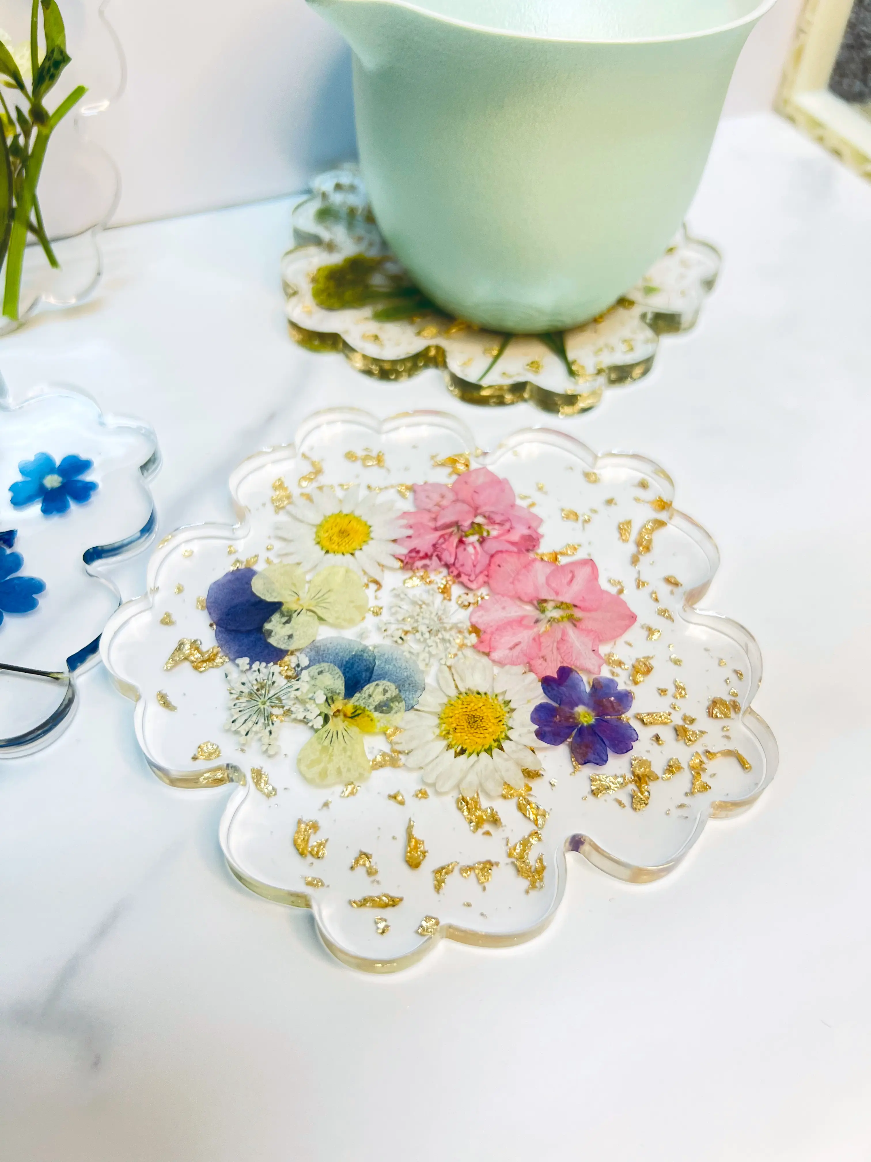 Pink Blue Floral Gold Flake Coasters